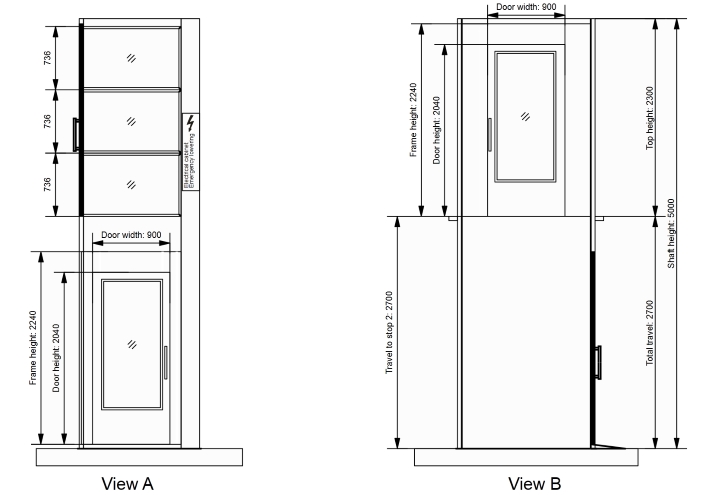 Elevator drawing generated by the configurator